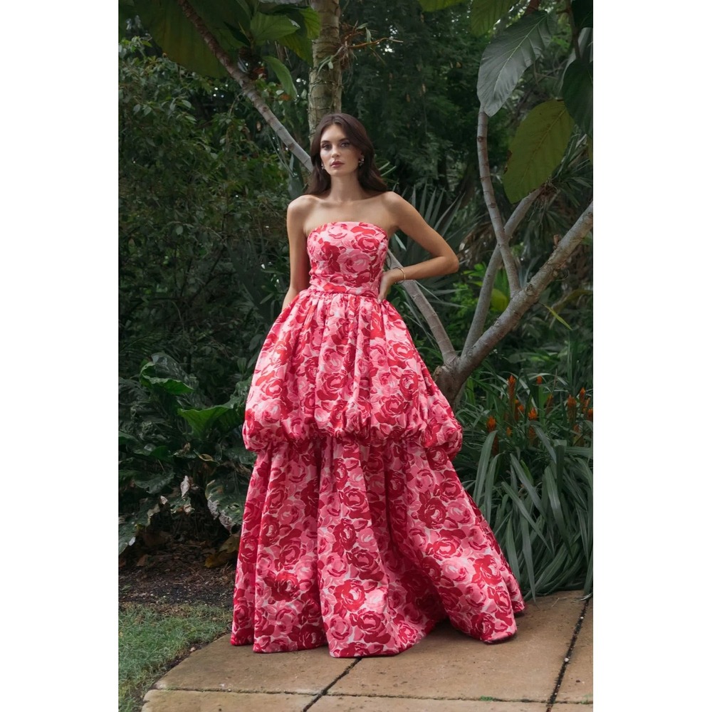 NEW Mac Duggal Pink Brocade Strapless Bubble Hem Ballgown $798 - Size 4 - Picture 3 of 13